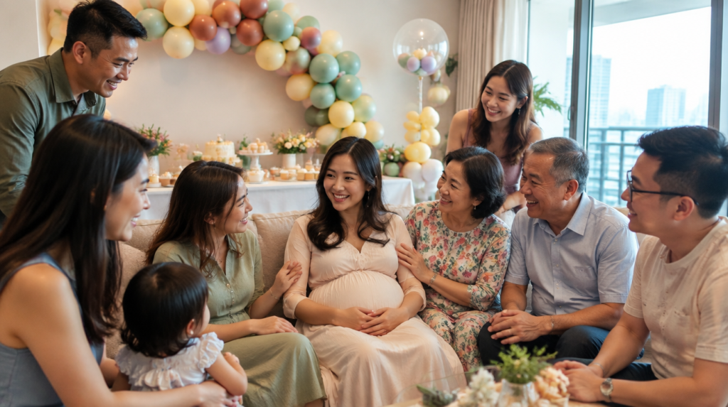 Pastel balloon garland and centrepiece decor at a Singapore baby shower celebration