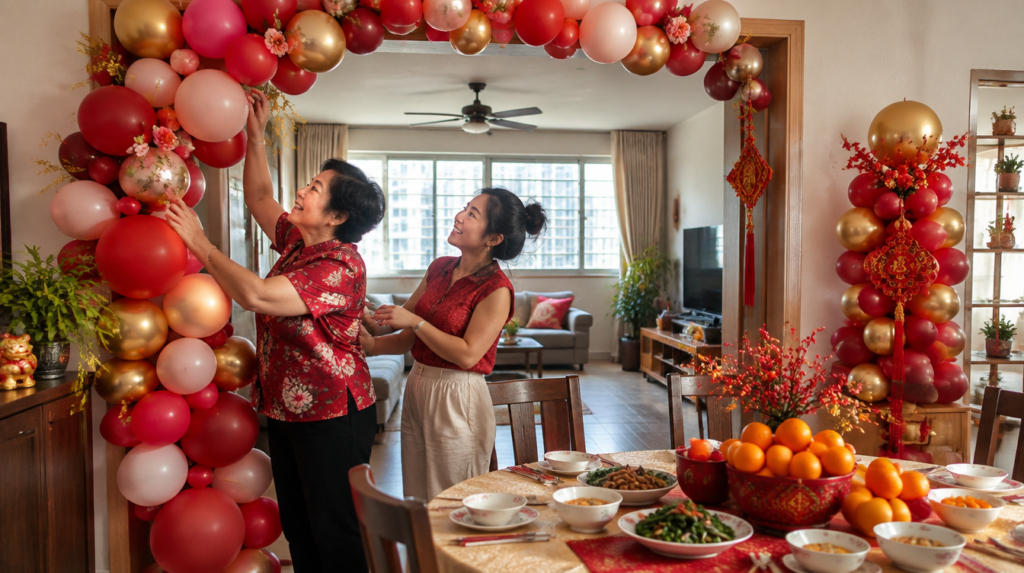 Chinese Singaporean family decorating a red and gold balloon garland archway for Chinese New Year in a Singapore home