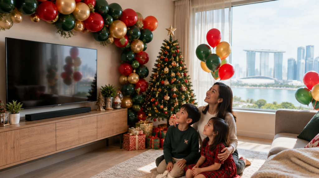 Asian family admiring red, green and gold Christmas balloon decor in their Singapore living room