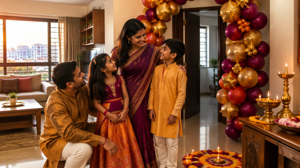 Asian family celebrating Deepavali in a Singapore home decorated with a gold and magenta balloon garland, diyas and rangoli