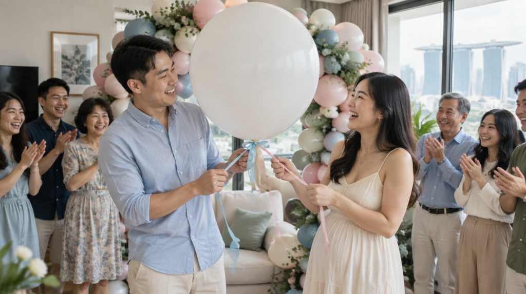 Asian couple popping a white reveal balloon in front of a pastel balloon garland arch at a Singapore gender reveal party