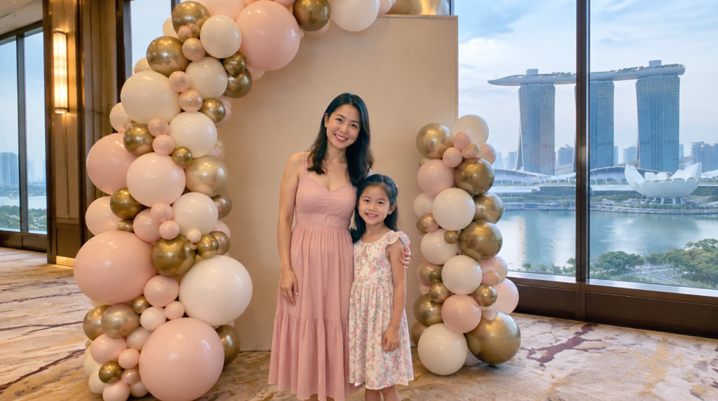 Balloon arch and column decorating a hotel function room for a birthday celebration in Singapore