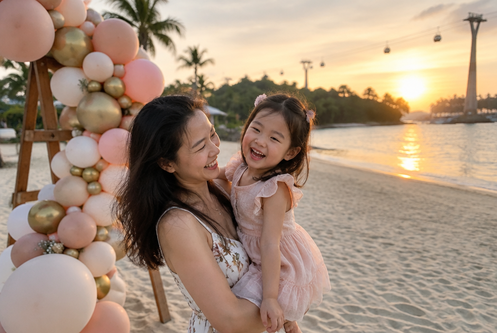 Mother and daughter beside a blush and gold balloon garland arch on a Sentosa beach in Singapore