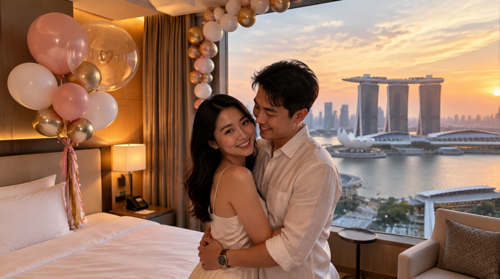 Asian couple celebrating with balloon decor in a Singapore hotel room overlooking Marina Bay