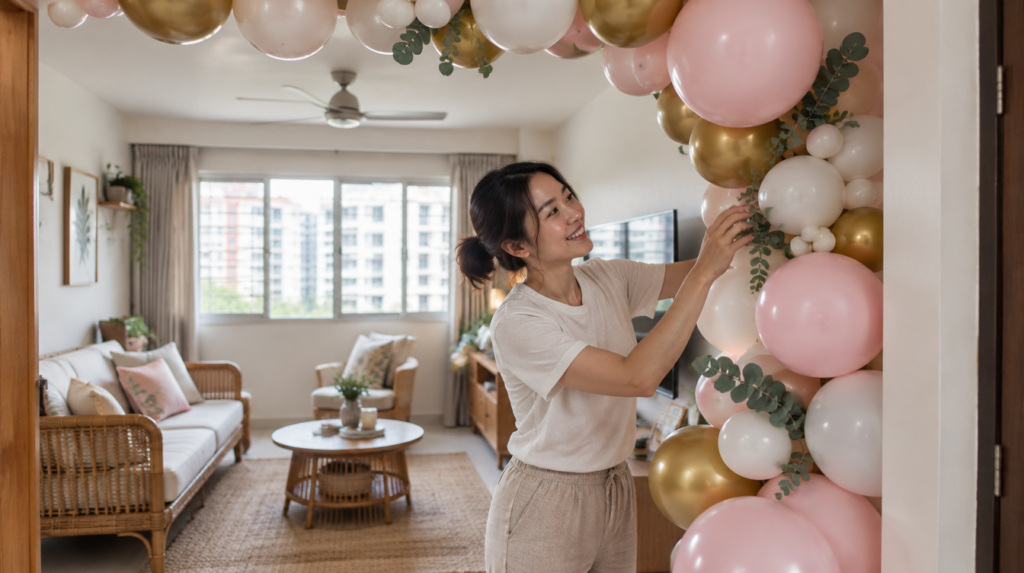 Singapore host arranging a pastel pink, white and gold organic balloon garland arch at home