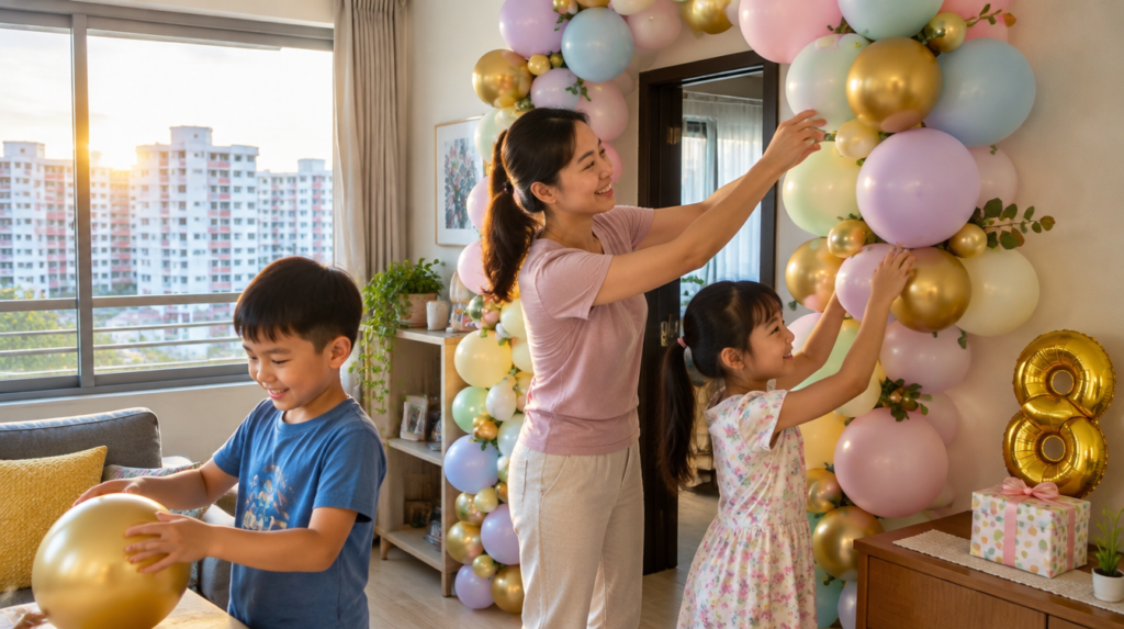 Asian family decorating a Singapore HDB living room with a pastel and gold balloon garland for a school holiday birthday party